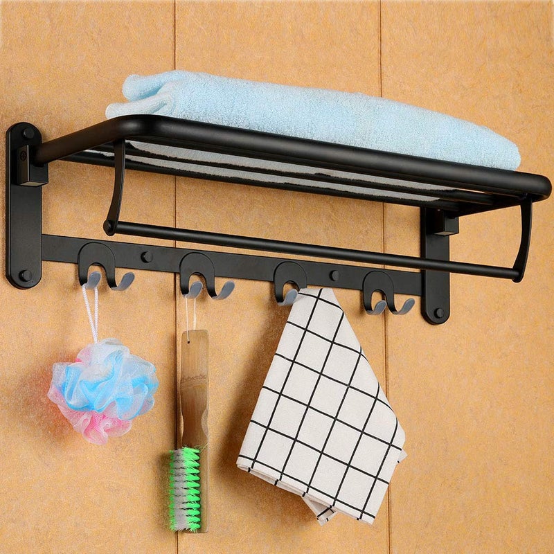 HOONEX Foldable Towel Rack for Bathroom Wall Mounted, with Towel Hooks and Adjustable Towel Bar, 304 Stainless Towel Holder, 24-Inch Bathroom Towel Shelf, Black - Image 5